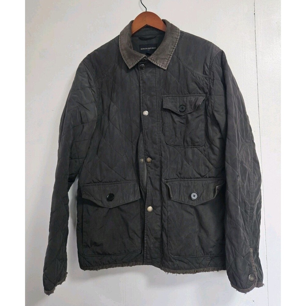 Banana Republic Jacket Mens L Green Snap Corduroy Collar Riding Diamond Quilted‎